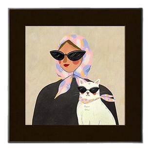 女人与猫中古风客厅装饰画小众艺术餐厅组合壁画法式复古卧室挂画