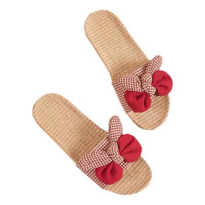 eva千鸟格吸汗蝴蝶结亚麻拖鞋