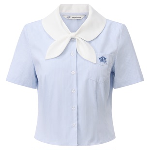 东京岁时记jk制服可爱日系娃娃领衬衫女夏小个子蓝色条纹短袖上衣