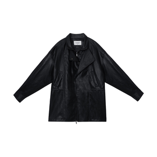 【女侦探皮衣】CAREMIND复古黑色机车中长款夹克女双层领皮衣外套