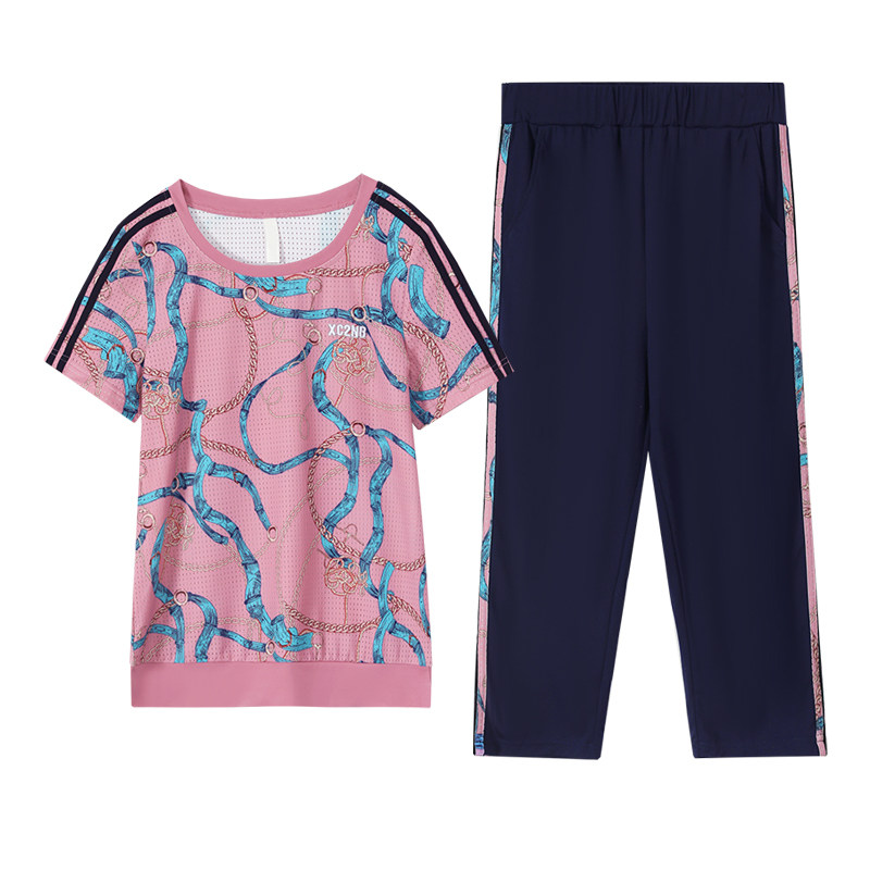 运动服套装女夏季薄款2025新款时尚女士冰丝短袖七分裤休闲两件套