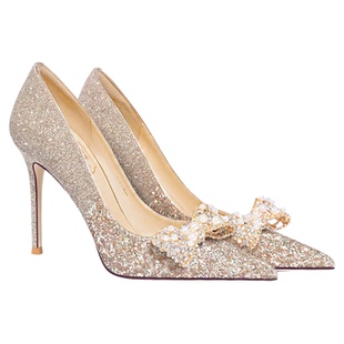 HolyRose【金玉良缘】婚宴水晶鞋金色高跟主婚鞋女平时可穿成人礼