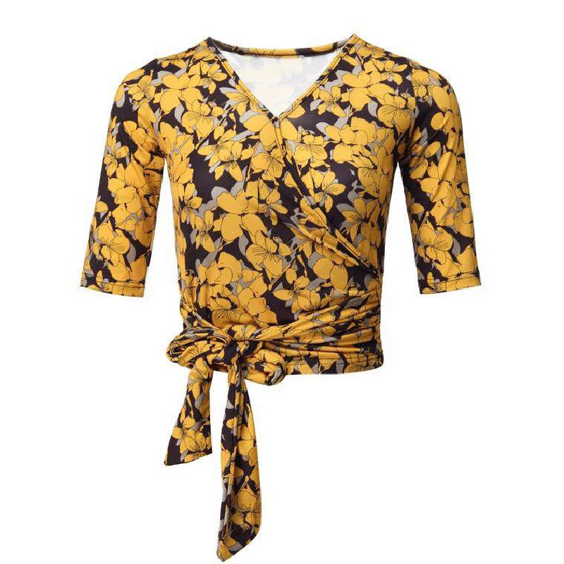 拉丁舞上衣女成人摩登舞新款形体舞蹈服装V领短袖夏季练功服专业