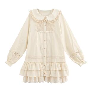 森女部落甜美风蕾丝娃娃领纯棉长袖连衣裙女2026新款宽松百搭春款