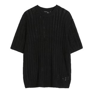 夏季短袖t恤男2025新款韩版潮短款薄针流镂空针织衫宽松圆领半袖