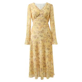 三彩2026春季新款碎花连衣裙长袖法式V领收腰A字裙长裙浪漫M