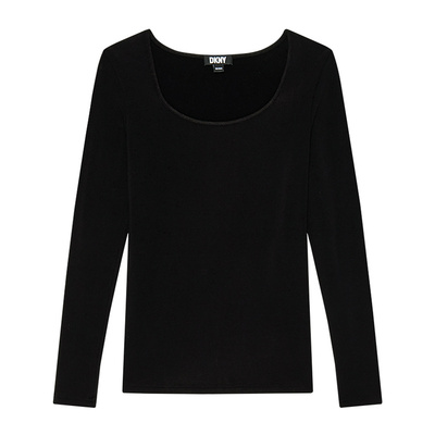 DKNY唐可娜儿秋季方领修身款纽扣袖口长袖T恤打底上衣女士设计感