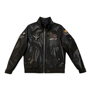 男士欧货真皮皮衣鹅绒内胆2025秋冬复古立领多标刺绣修身时尚外套