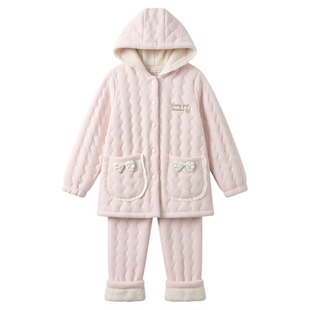 香蜜闺秀25403075女士甜美三层夹棉长袖长裤套装蓄暖防风款家居服