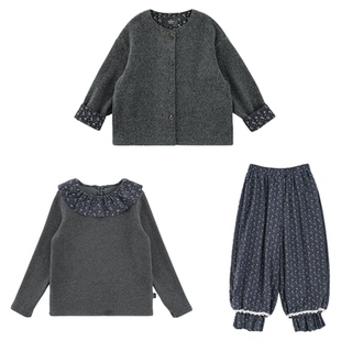 幼悠女童2025冬季新款羊毛混纺外套加绒保暖打底衫碎花束脚裤套装