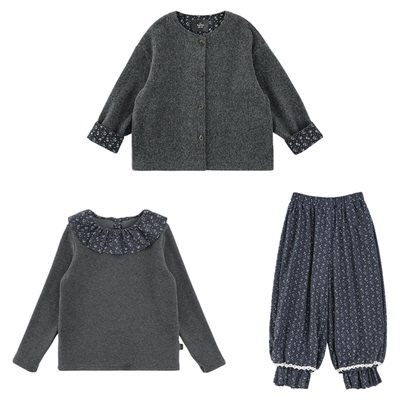 幼悠女童2025冬季新款羊毛混纺外套加绒保暖打底衫碎花束脚裤套装