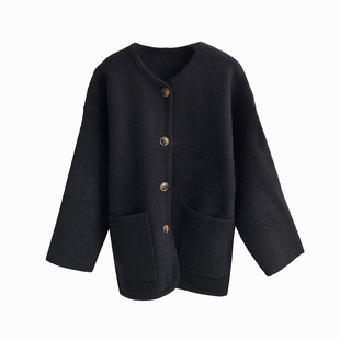 珍珠呢中长款懒惰风纽扣外套女宽松2024春加厚上衣温暖卡其色上衣