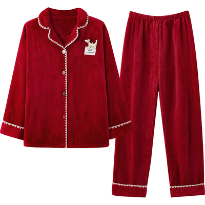 红色法兰绒睡衣情侣秋冬加厚显白