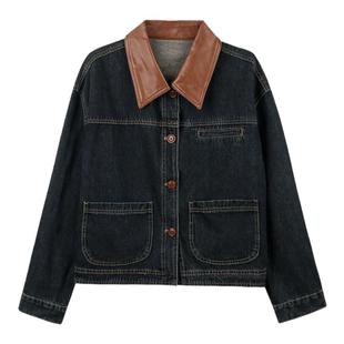 弥古复古撞色皮领牛仔外套女高级感2025春季宽松休闲翻领外搭上衣