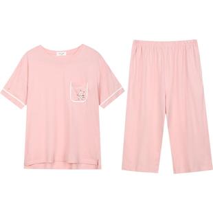 秋鹿【清仓一件79元】短袖睡衣女夏季七分裤纯棉家居服套装薄