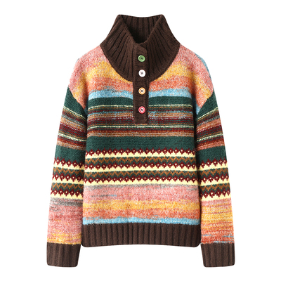 拉夏贝尔/La Chapelle费尔岛撞色条纹毛衣女秋冬新款慵懒风针织衫