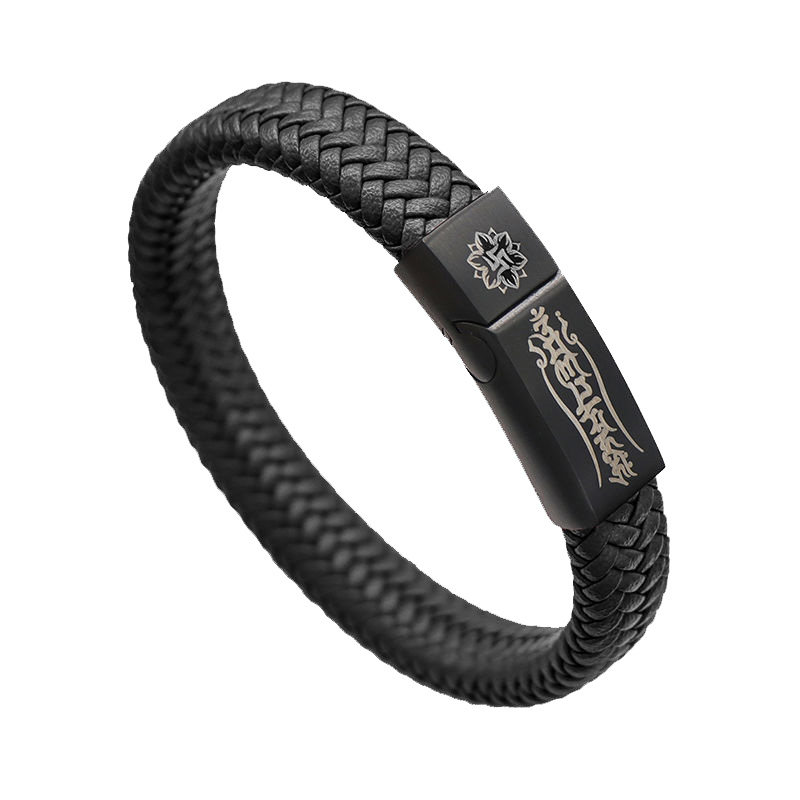 复古黑色皮绳编织手链个性梵文六字真言创意手饰精致手环礼物刻字