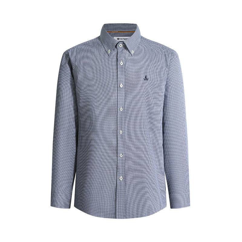 Navigare小帆船通勤长袖衬衫男士2026春季新款纯棉休闲细格子衬衣