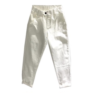 2026年春季新款白色休闲松紧腰老爹牛仔裤女款裤子宽松九分哈伦裤