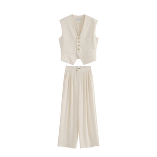 MOERSHOP Lady vintage  肌理垂感立体亚麻西装马甲西裤三件套女