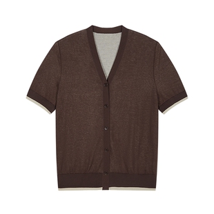 LESS夏假两件V领开衫撞色短袖薄含棉简约舒适针织衫女2P4310390