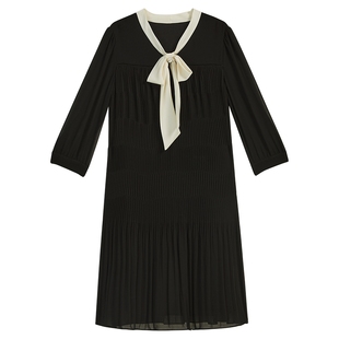 YINER音儿专选2025秋季新款优雅蝴蝶结领江崖水纹百褶H型连衣裙