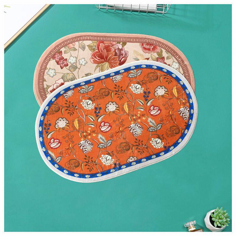 田园碎花椭圆形浴室地垫加厚仿羊绒地毯卫生间毛绒脚垫可水洗毛毯