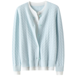 美到骨子里~假两件圆领100%纯山羊绒开衫女纯羊绒毛衣针织外套