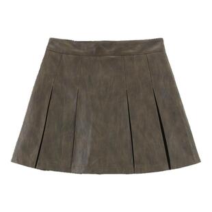 【商场同款】乐町简约百褶裙秋千禧风棕色PU短裙C1GEE3411