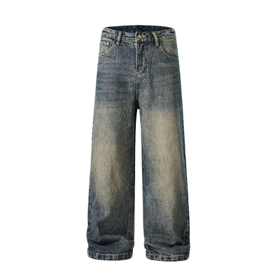 男生宽松大直筒扎花黄泥染牛仔裤