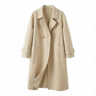 白色双面羊绒大衣女2026冬新款高端牛角扣纯色中长款外套