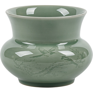 寻心越窑青瓷影雕建水家用桌面大号水孟茶洗高端陶瓷茶渣缸废水桶