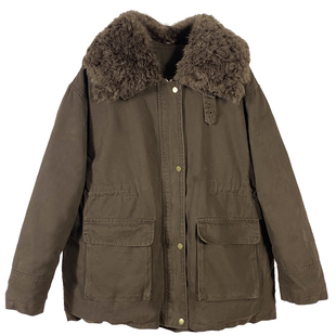 冬季工装派克服外套女羊羔毛大毛领宽松收腰加厚保暖白鸭绒羽绒服