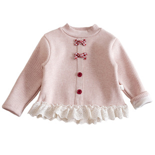 女童加绒打底衫2025秋冬甜美蝴蝶结蕾丝花边裙摆上衣长袖纯棉T恤