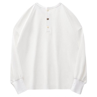 马登白色华夫格宽松廓形套头卫衣圆领长袖T恤亨利衫上衣女士早春