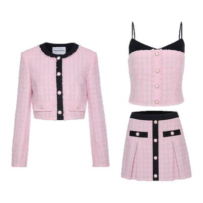 ROCHAROMMA 2026春夏新款粗花呢撞色钻扣吊带外套半裙套装女