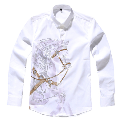 秋季潮牌免烫印花烫钻长袖衬衫男