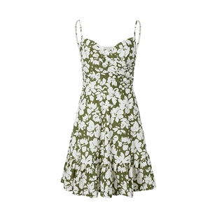 摩萨克夏款纯棉海岛度假风碎花裥褶收腰吊带短款连衣裙女