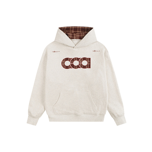 ATRY字母贴布刺绣卫衣男春季撞色复古LOGO格纹拼接设计重磅帽衫女