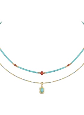 新款多巴胺复古绿松石双层锁骨链