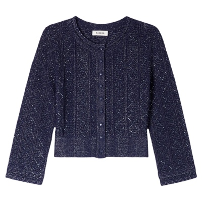 SANDRO竖向条纹圆领短款针织开衫