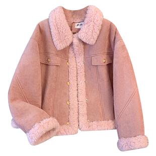 超好看粉色小香风羊羔毛绒外套皮毛一体女2025冬新款加绒加厚夹克