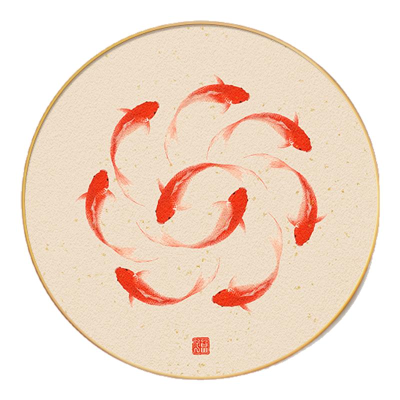 九鱼聚财圆形餐厅装饰画