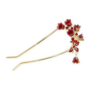 新中式喜庆铃兰u型发簪新年 红色水钻发钗古风订婚新娘敬酒服头饰