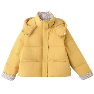 ERAL艾莱依连帽短款羽绒服女格子拼接白鸭绒保暖外套小个子