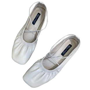 单鞋女鞋2026年新款夏季奶奶鞋复古方头褶皱交叉带软底平底豆豆鞋