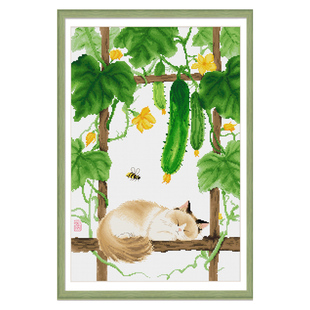 春天十字绣新品线绣瓜架眠猫简约现代客厅玄关手工刺绣新中式挂画