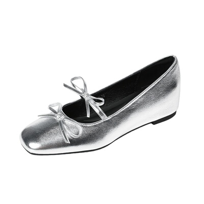 法式银色方头玛丽珍鞋女芭蕾单鞋