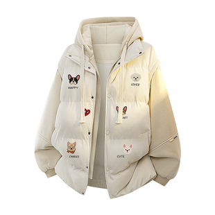 查尔斯桃心小狗印花假两件连帽棉服男女冬季加厚保暖休闲情侣外套