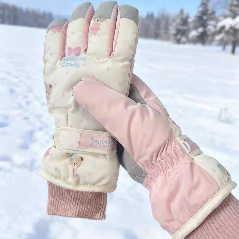韩系小熊滑雪手套女骑车防水可爱冬季保暖加绒加厚户外防寒2025款